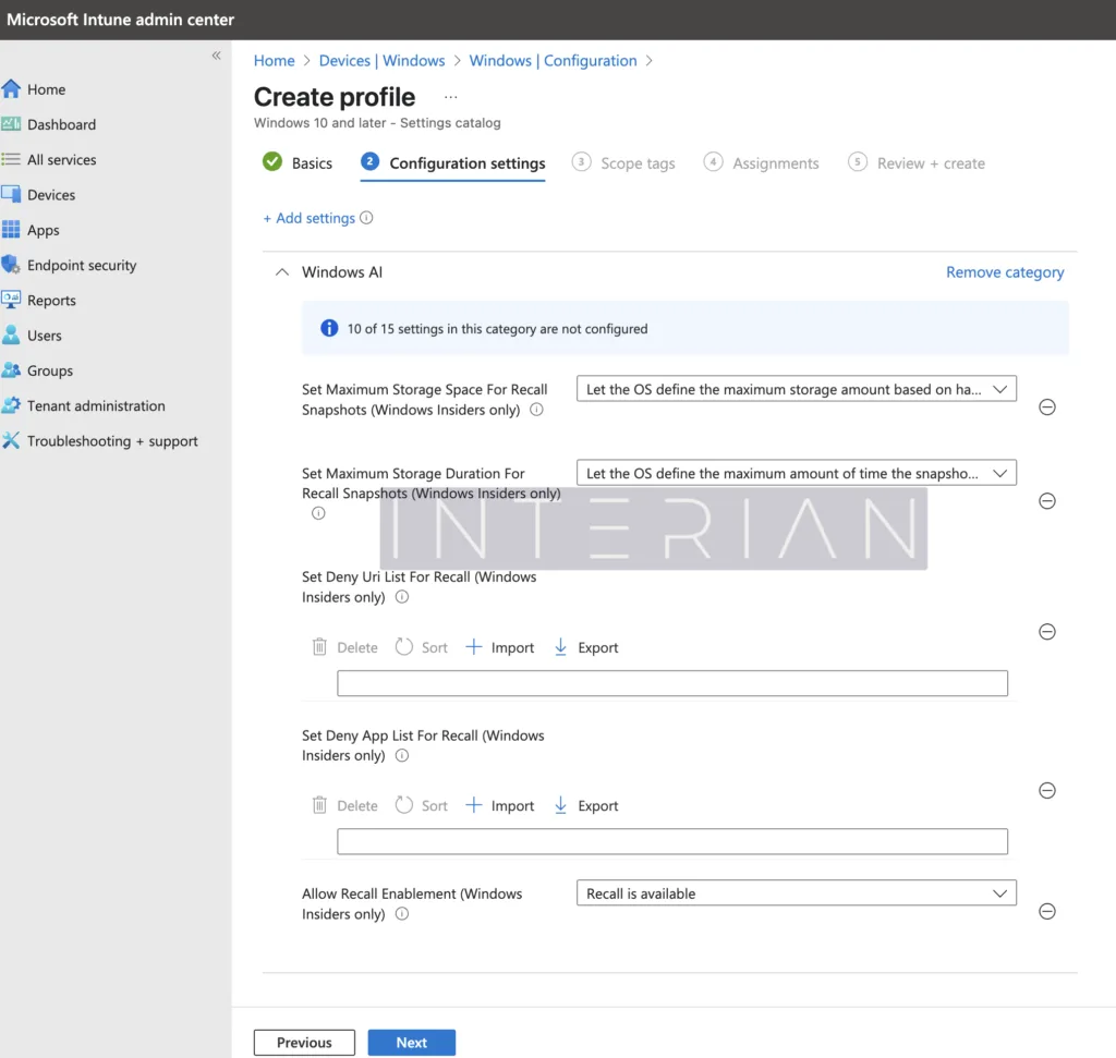 Windows Recall Intune Config