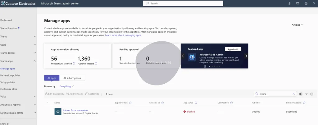 Teams admin center Pending approval apps