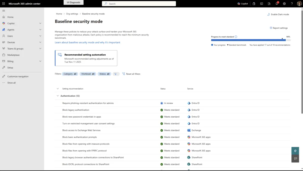Activate Baseline Security Mode Dashboard