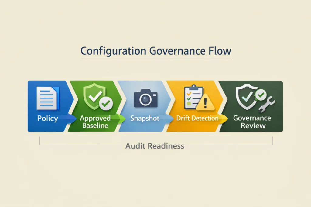 Configuration Governance Flow
Policy → Approved baseline → Snapshot → Drift detection → Governance review → Remediation → Audit evidence