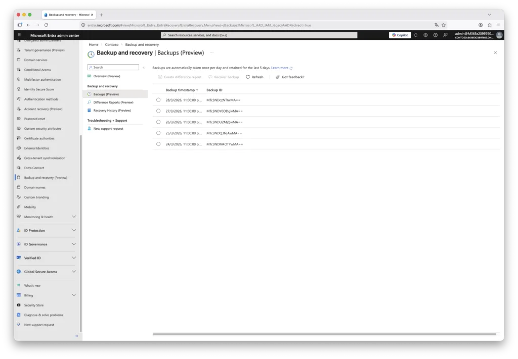 Entra Backup and Recovery Backups list showing five daily snapshots timestamped from 24 to 28 March 2026.