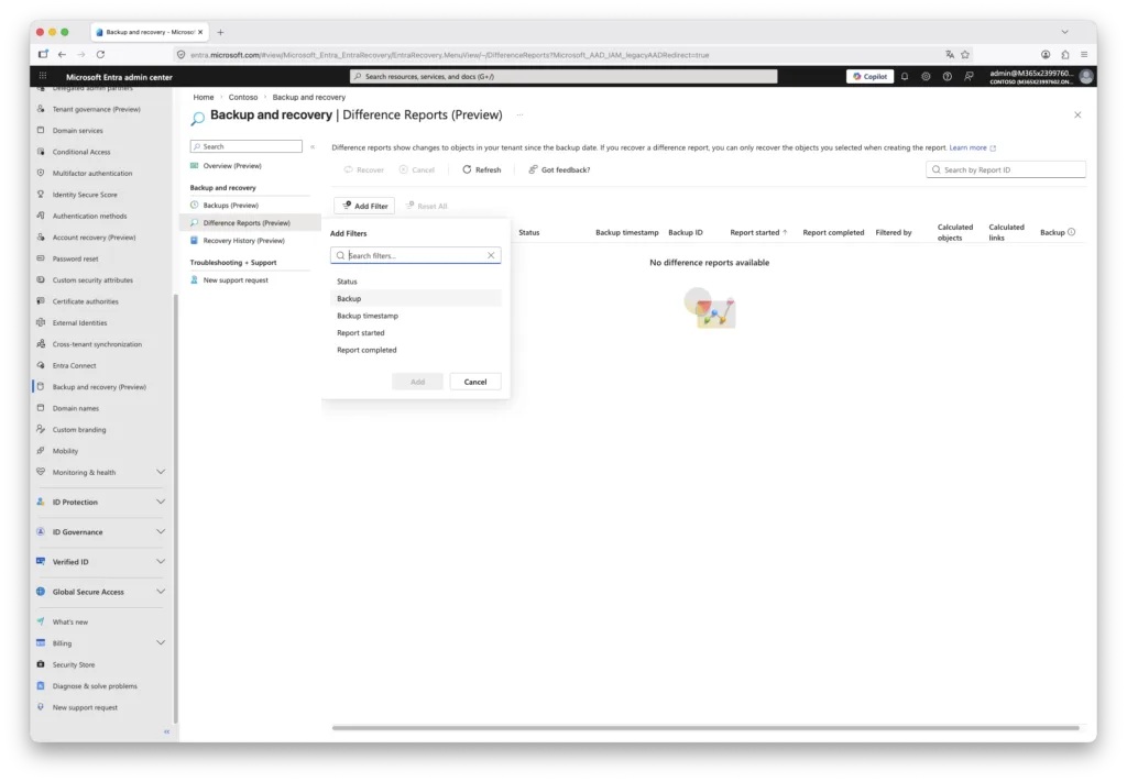 Entra Backup and Recovery Difference Reports blade with the Add Filters dropdown open showing Status, Backup, Backup timestamp, Report started and Report completed options.