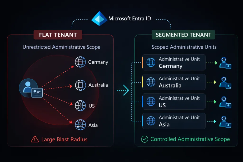 Comparison of a flat Microsoft Entra tenant with large administrative blast radius versus a segmented tenant using Administrative Units