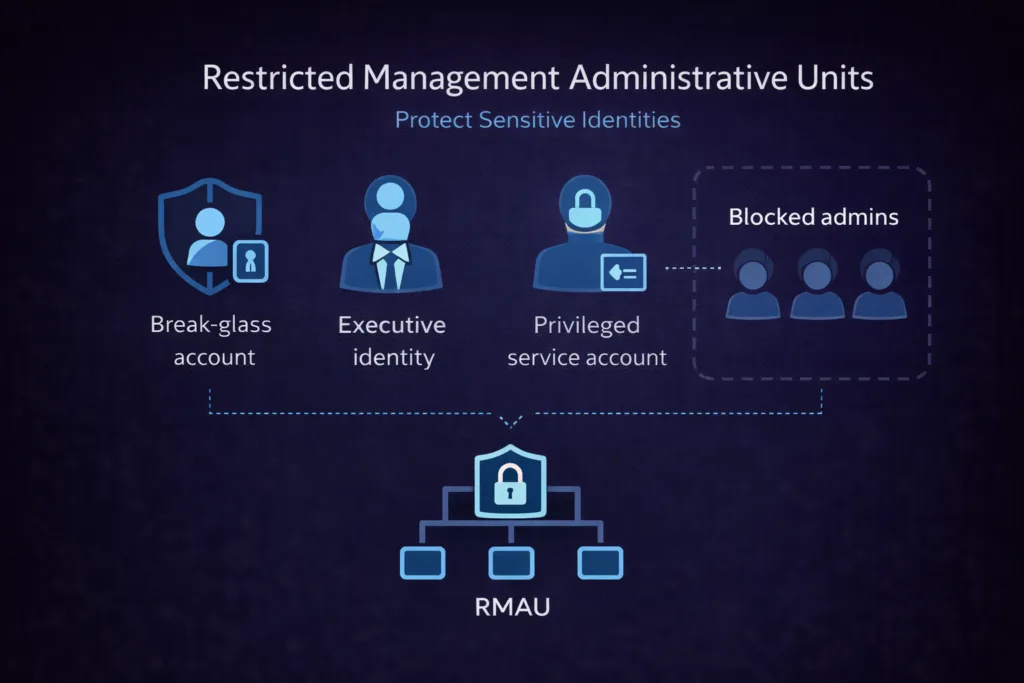 Restricted Management Administrative Unit protecting break-glass accounts, executive identities and privileged service accounts in Microsoft Entra