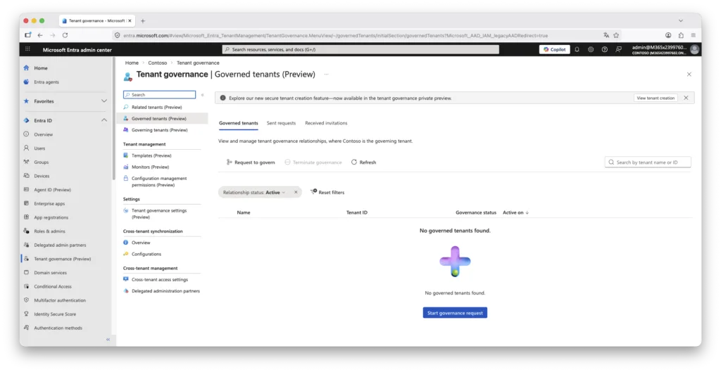 Microsoft Entra admin center showing the Governed tenants screen in Tenant Governance preview, with tabs for governed tenants, sent requests and received invitations.