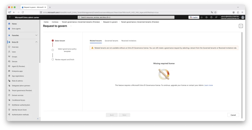 Microsoft Entra admin center showing the Request to govern screen in Tenant Governance preview, with a warning that related tenant discovery requires Entra ID Governance