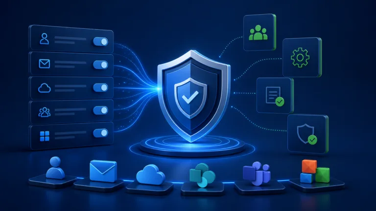 Microsoft 365 Baseline Security Mode and tenant governance hero image with shield, settings and workload icons.