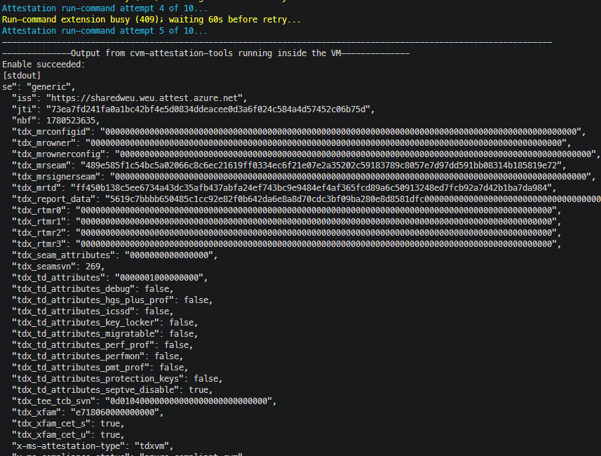 Cropped terminal output from the official Azure Samples repository showing TDX attestation claims