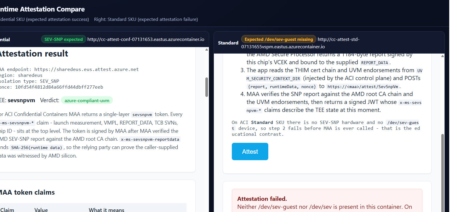 Official Azure Samples ACI attestation comparison