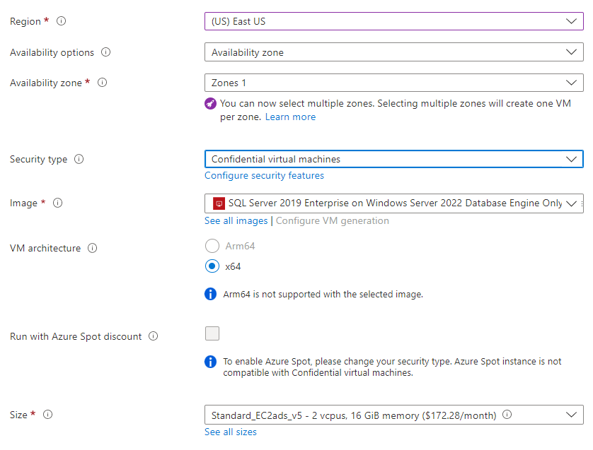 Azure portal showing Confidential virtual machines as the selected security type