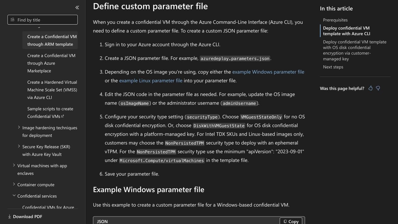 Current Microsoft Learn configuration for Azure Confidential VMs