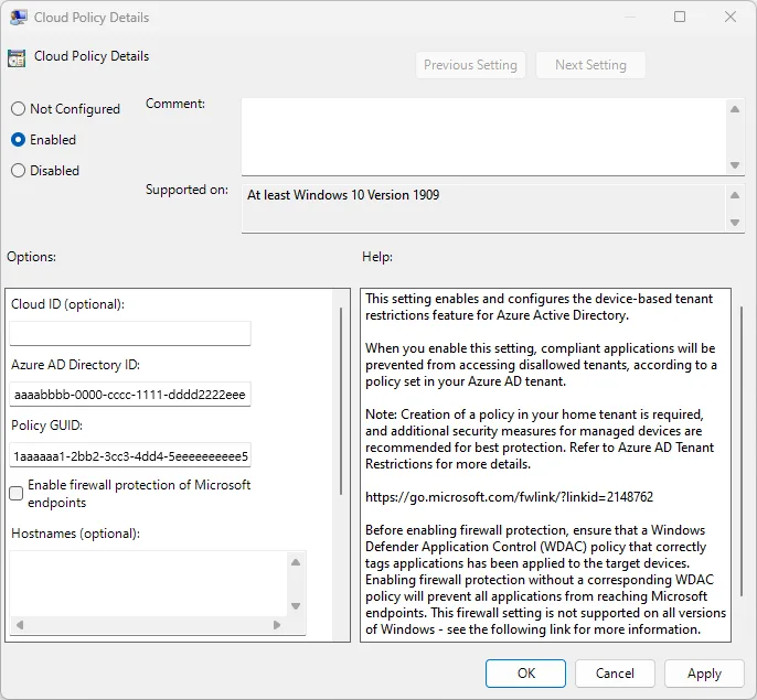 Windows Cloud Policy Details showing directory ID and policy GUID for tenant restrictions